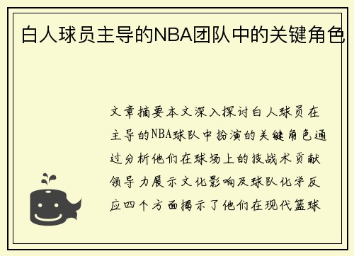 白人球员主导的NBA团队中的关键角色