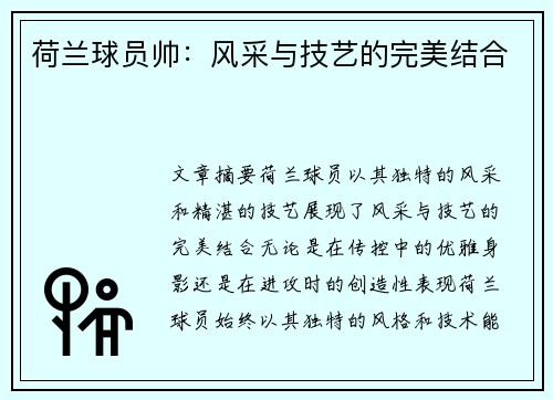 荷兰球员帅：风采与技艺的完美结合
